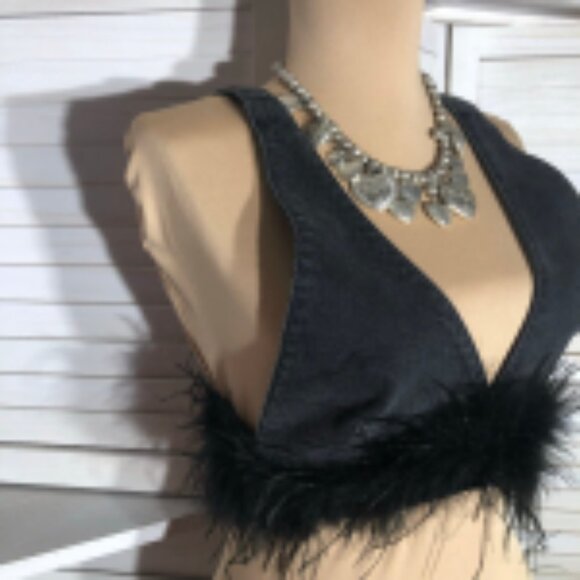Forever 21 Denim Bralette Top Feather Trim Black Small NWT - Picture 6 of 9